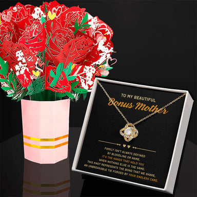 18K Yellow Gold Love Knot Necklace Sweetest Devotion Flower Bouquet Bundle With Standard Box For My Bonus Mom Your Endless Care Message Card Jewelry Display