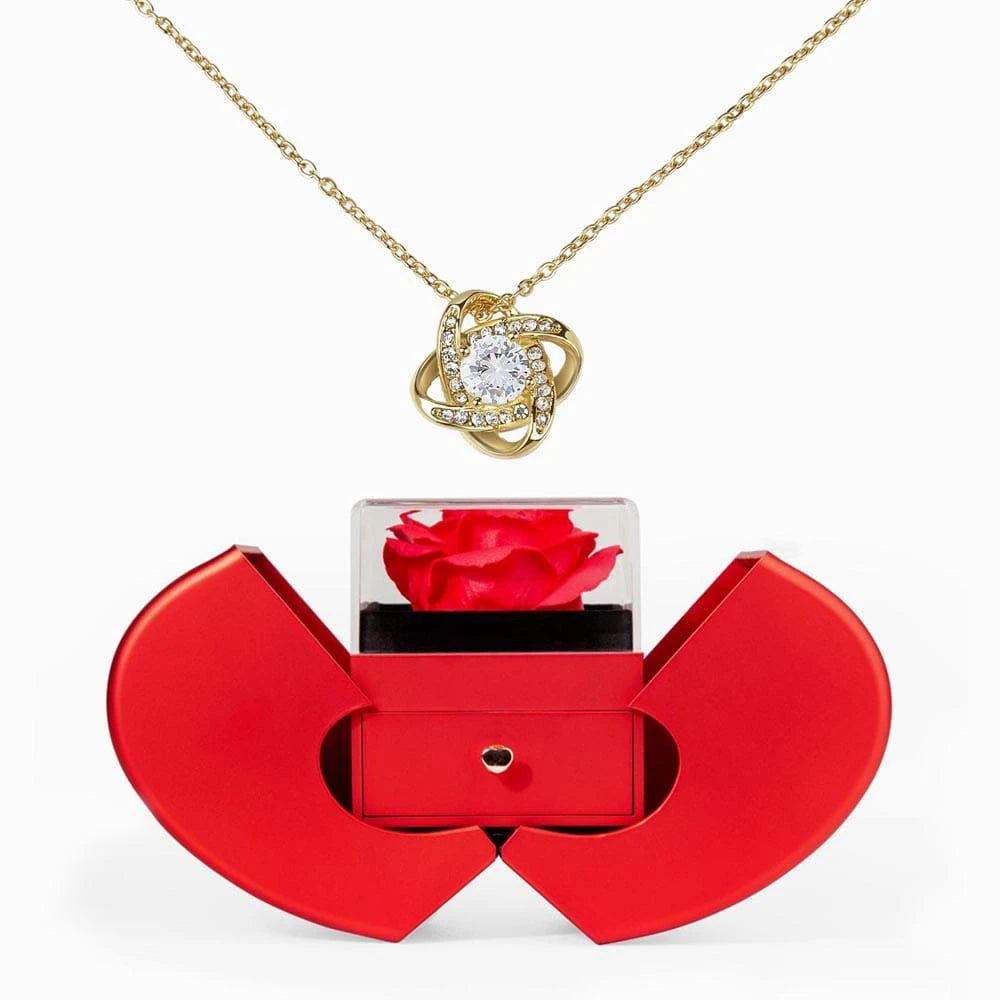 18K Yellow Gold Love Knot Necklace With Red Heart Rose Box For Her