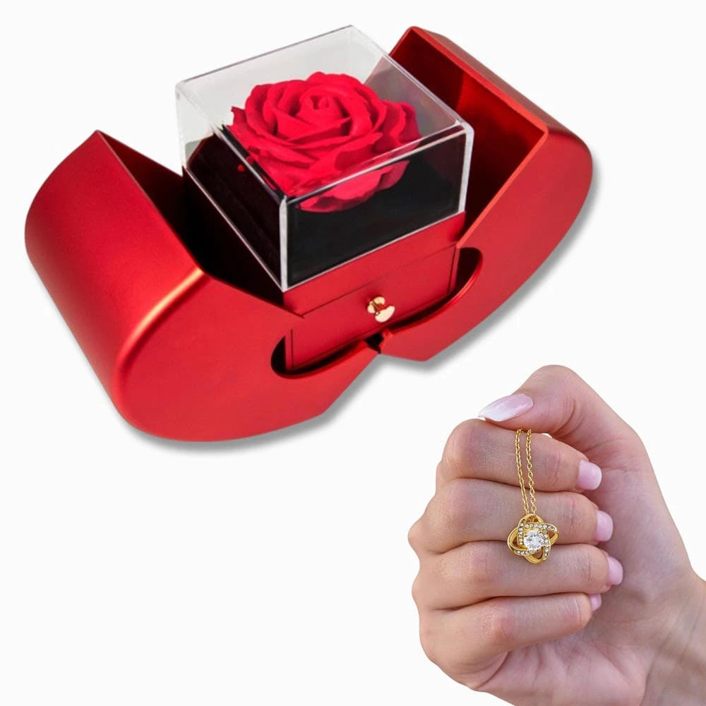 18K Yellow Gold Love Knot Necklace With Red Heart Rose Box For Her Display