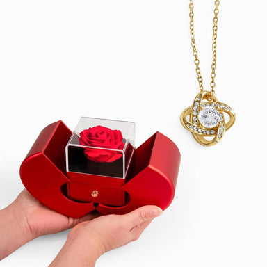 18K Yellow Gold Love Knot Necklace With Red Heart Rose Box For Her Display In Hand