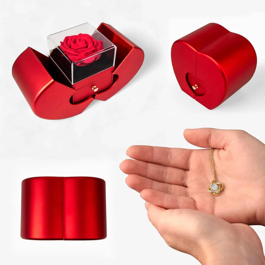 18K Yellow Gold Love Knot Necklace With Red Heart Rose Box For Her Display Set