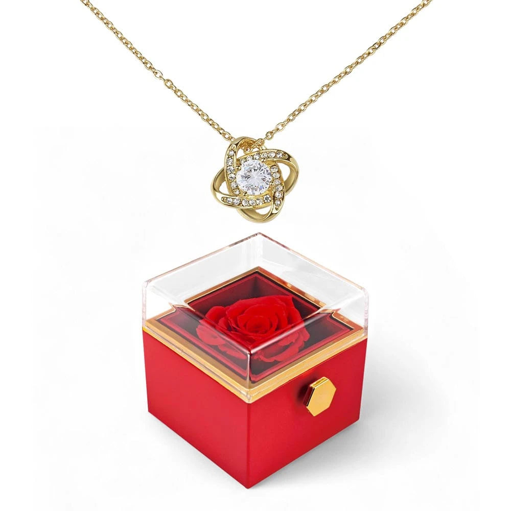18K Yellow Gold Love Knot Necklace With Rotating Rose Gift Box For Her