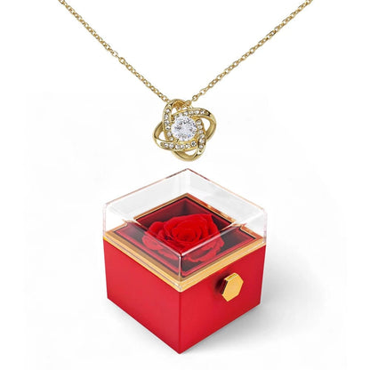 18K Yellow Gold Love Knot Necklace With Rotating Rose Gift Box For Her