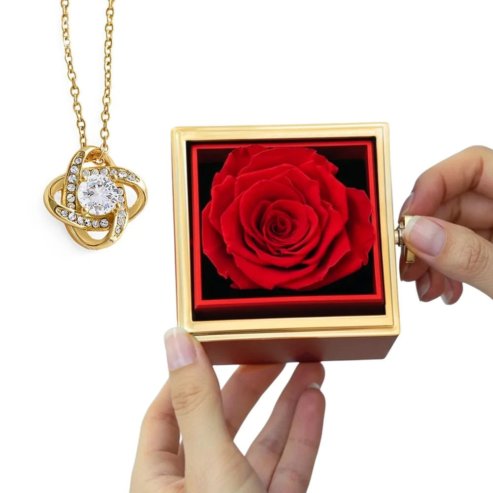 18K Yellow Gold Love Knot Necklace With Rotating Rose Gift Box For Her Display