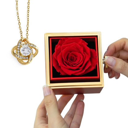 18K Yellow Gold Love Knot Necklace With Rotating Rose Gift Box For Her Display