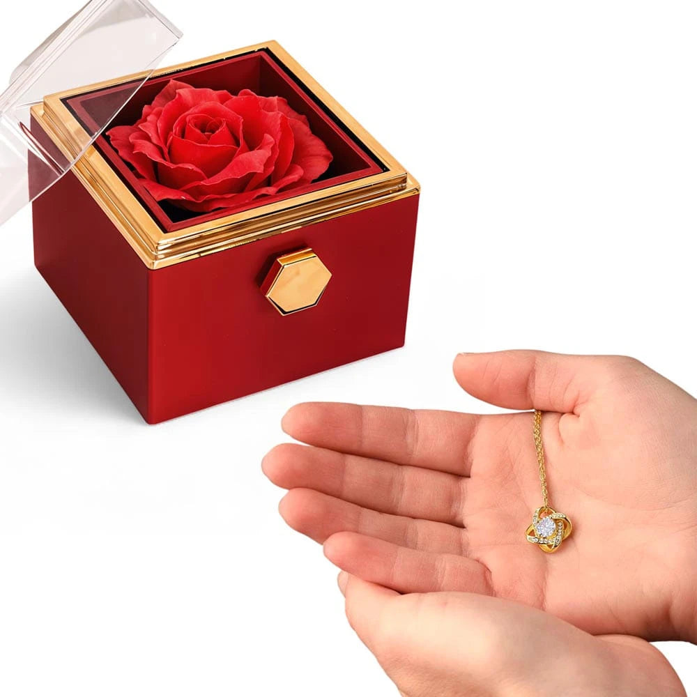 18K Yellow Gold Love Knot Necklace With Rotating Rose Gift Box For Her Display In Hand