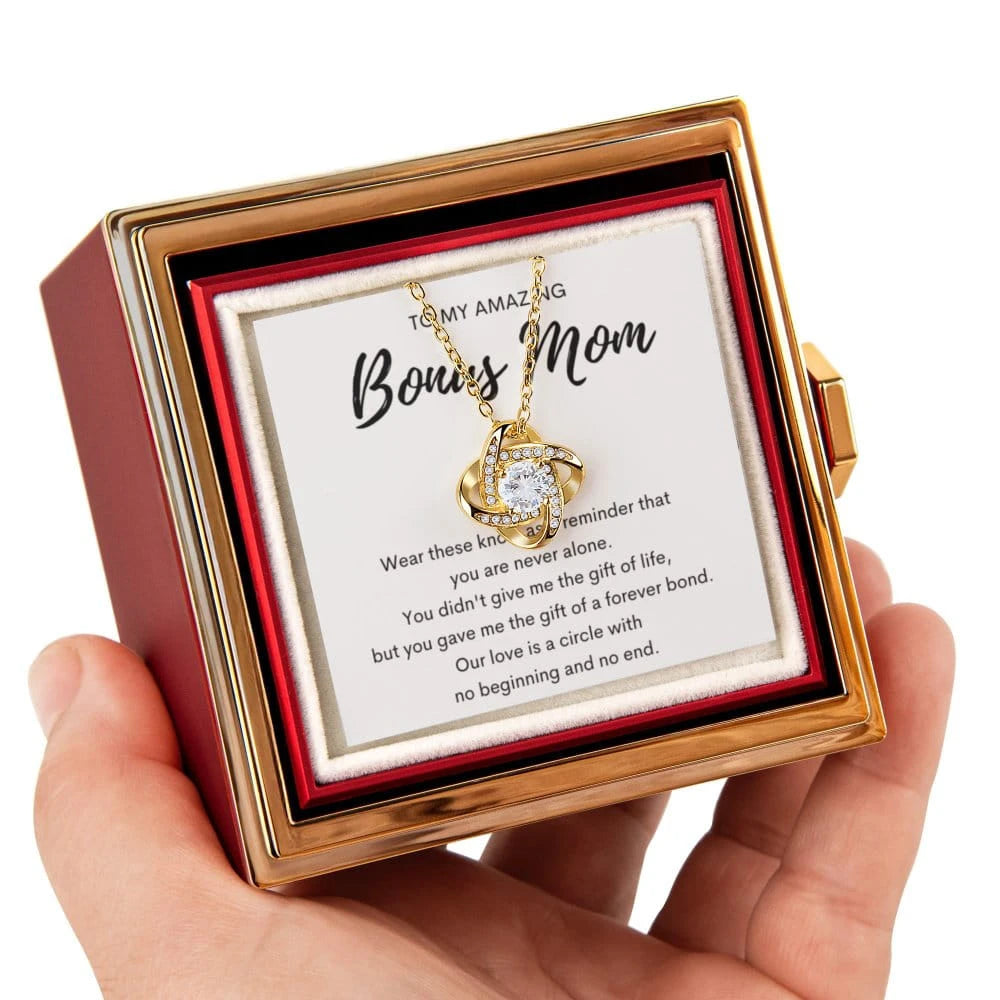 18K Yellow Gold Love Knot Necklace With Rotating Rose Gift Box For My Bonus Mom - Forever Bond