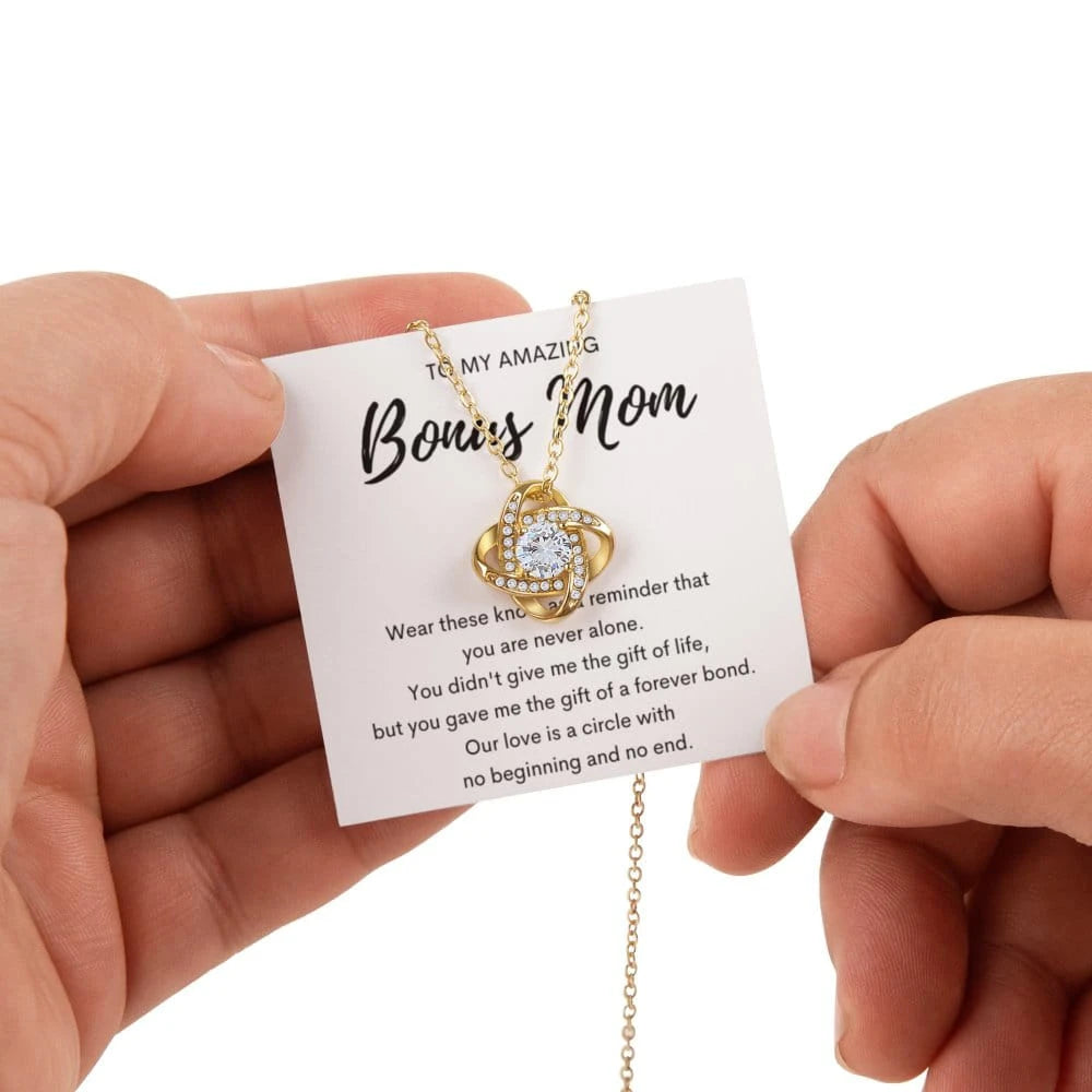 18K Yellow Gold Love Knot Necklace With Rotating Rose Gift Box For My Bonus Mom - Forever Bond - Message Card Jewelry