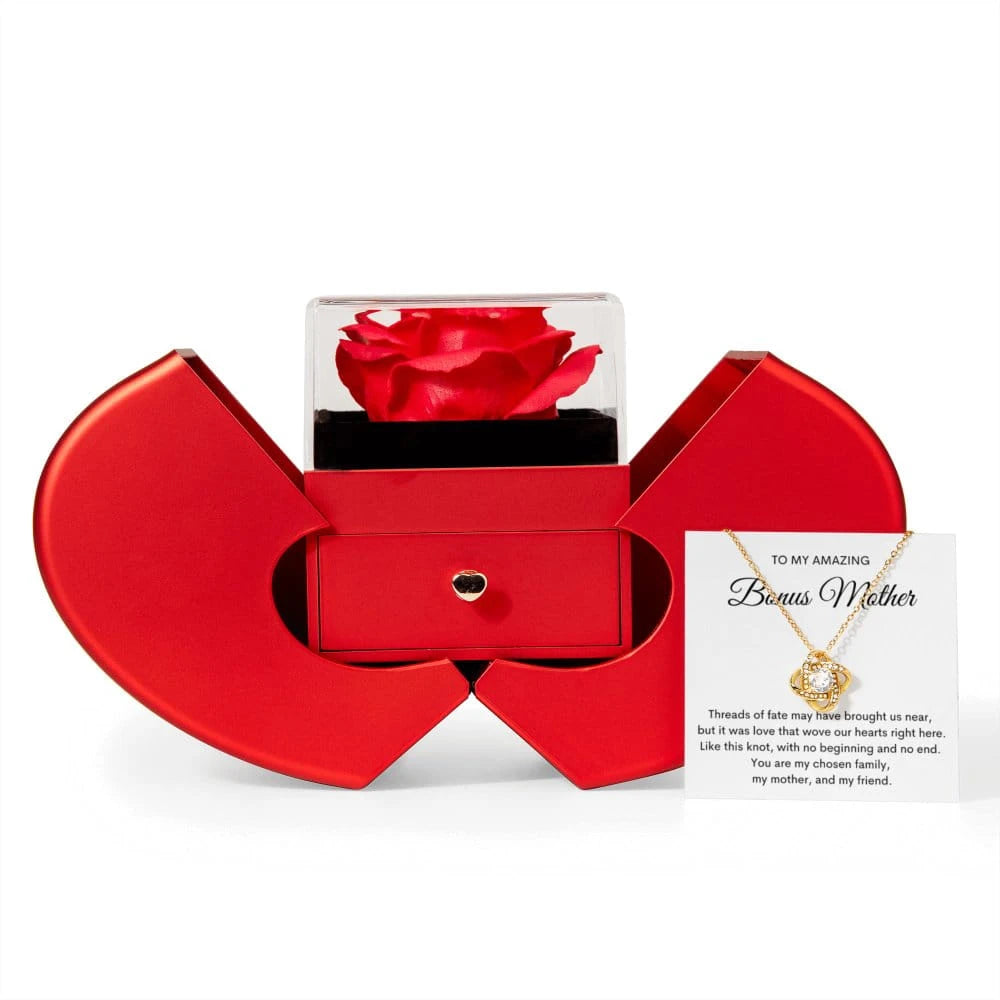 18K Yellow Gold Love knot Necklace With Red Heart Rose Box For Bonus Mom - My Mother Message Card Jewelry