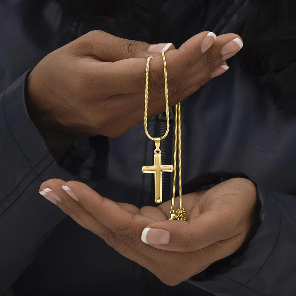 18k Yellow Gold Artisan Cross Necklace for Men My Anchor Showcase In Hand