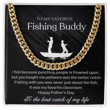 18k Yellow Gold Cuban Link Chain for Fishing Dad Best Catch Message Card Jewelry