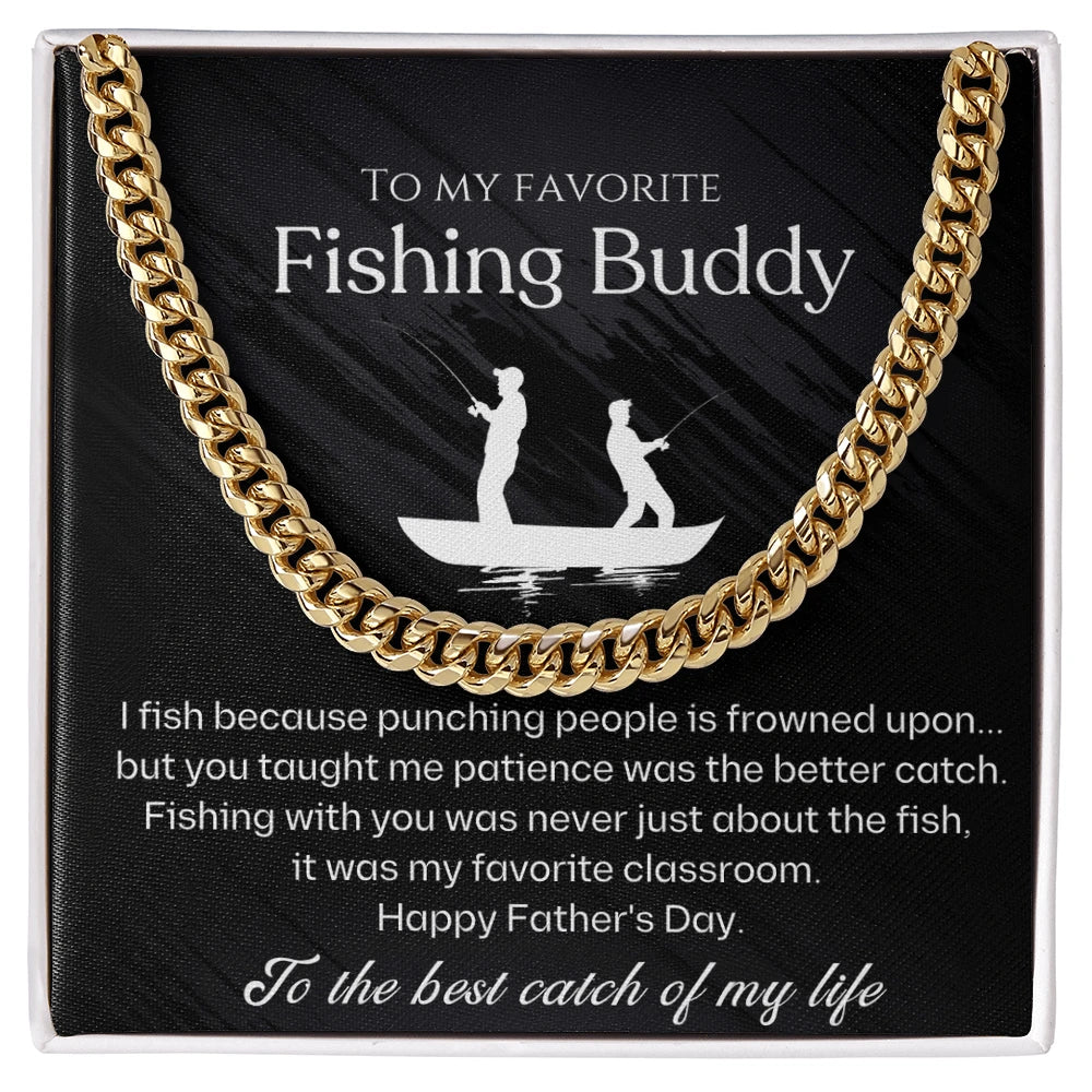 18k Yellow Gold Cuban Link Chain for Fishing Dad Best Catch Message Card Jewelry