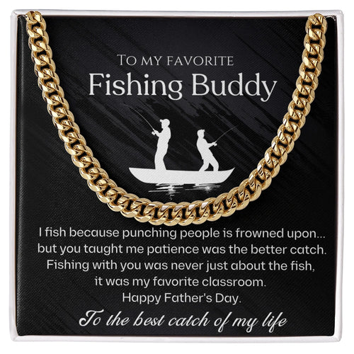 18k Yellow Gold Cuban Link Chain for Fishing Dad Best Catch Message Card Jewelry