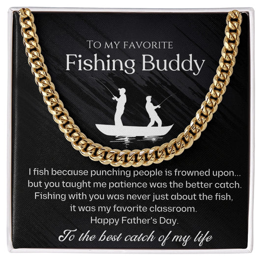 18k Yellow Gold Cuban Link Chain for Fishing Dad Best Catch Message Card Jewelry