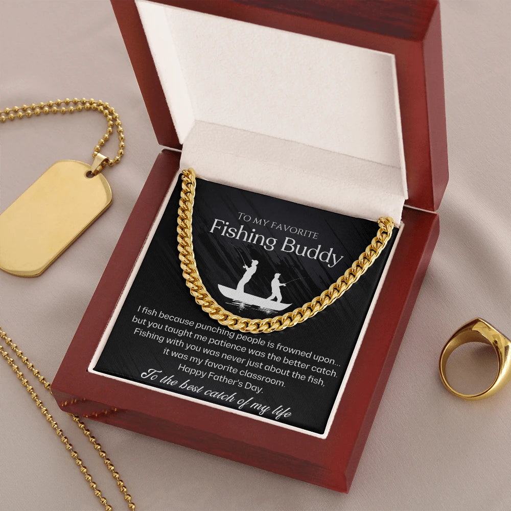 18k Yellow Gold Cuban Link Chain for Fishing Dad Best Catch Message Card Jewelry Luxury Box