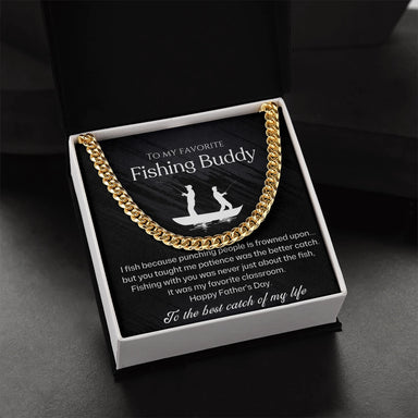 18k Yellow Gold Cuban Link Chain for Fishing Dad Best Catch Message Card Jewelry Standard Box