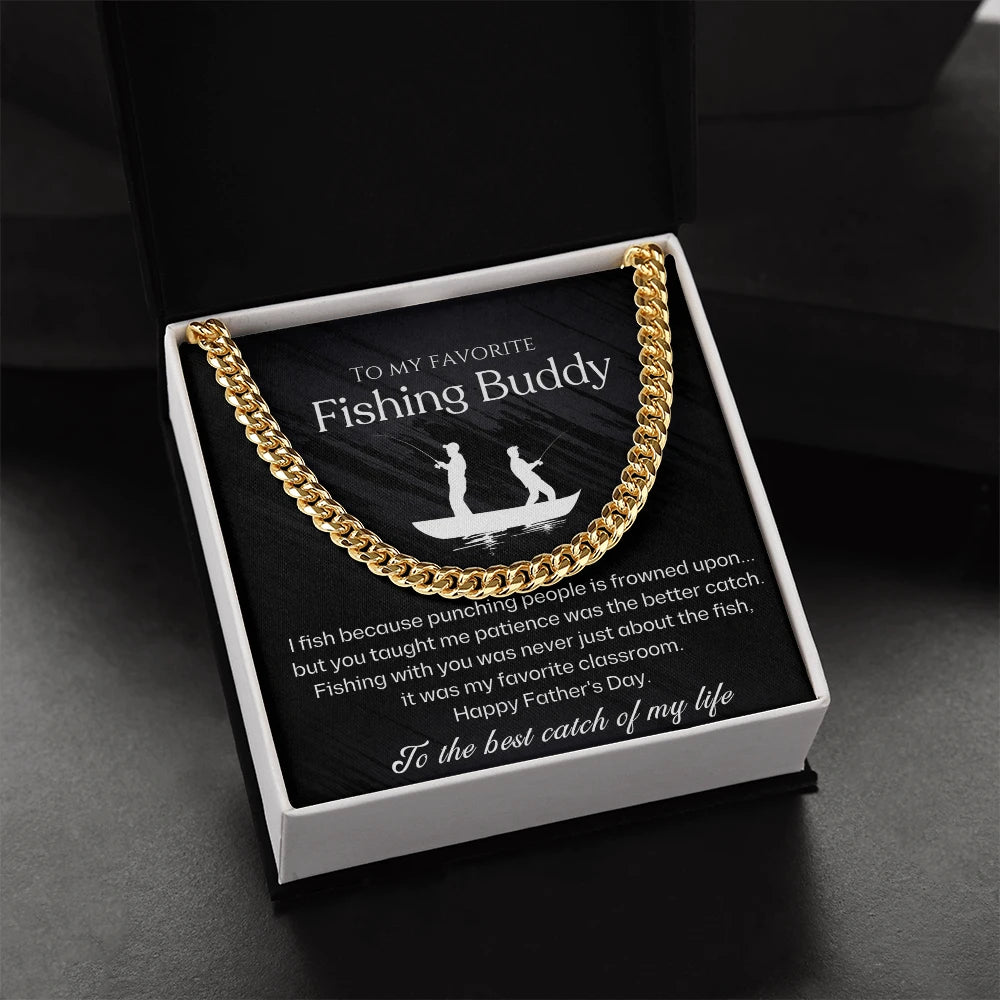 18k Yellow Gold Cuban Link Chain for Fishing Dad Best Catch Message Card Jewelry Standard Box