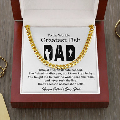 18k Yellow Gold Cuban Link Chain for Worlds Greatest Fishing Dad Luxury Box