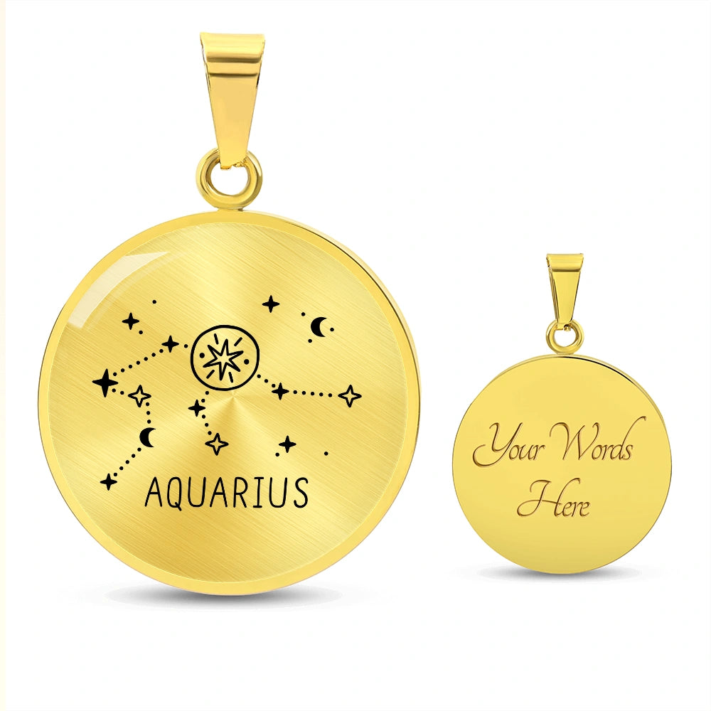 18k Yellow Gold Custom Engraved Aquarius Zodiac Star Sign Circle Pendant Necklace