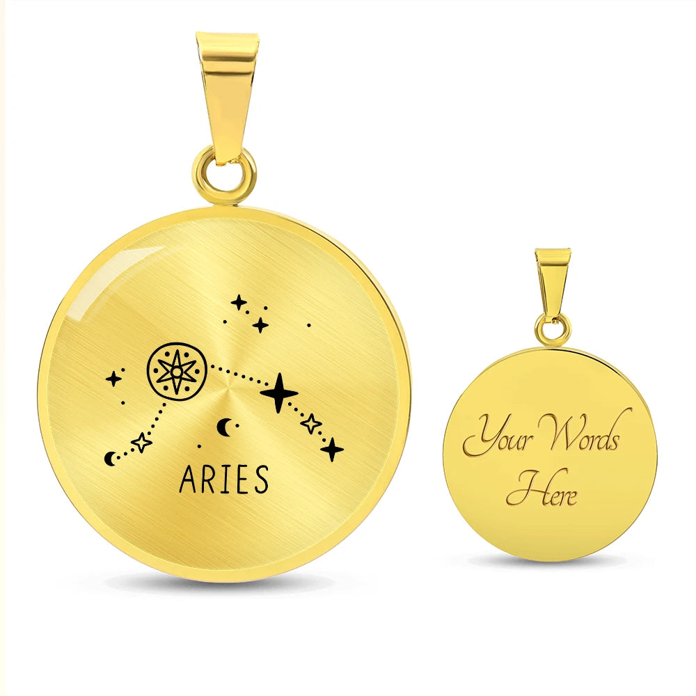 18k Yellow Gold Engraved Aries Zodiac Star Sign Circle Necklace Showcase On Neck
