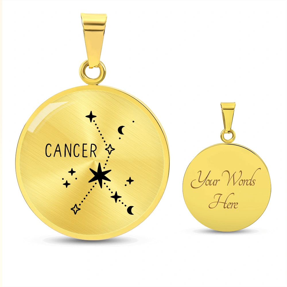 18k Yellow Gold Custom Engraved Cancer Zodiac Star Sign Circle Pendant Necklace
