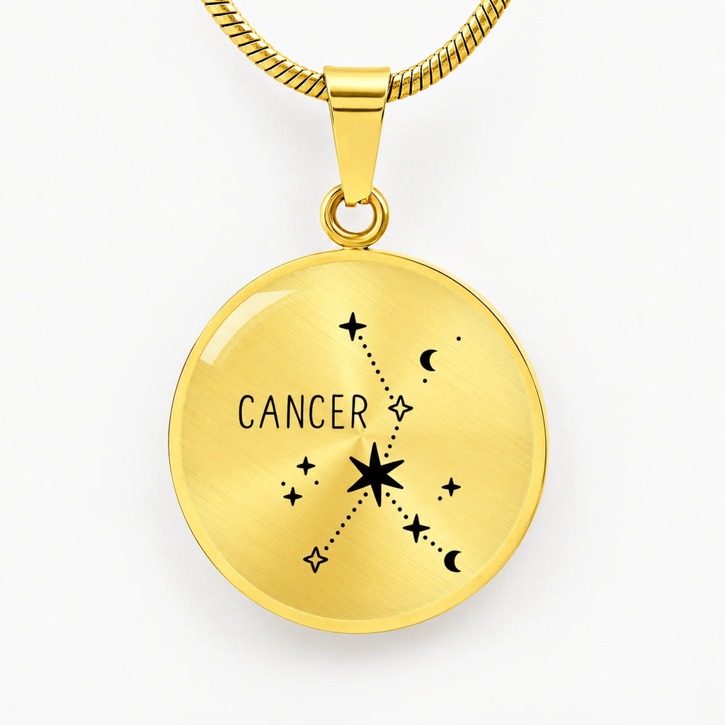 18k Yellow Gold Custom Engraved Cancer Zodiac Star Sign Circle Pendant Necklace