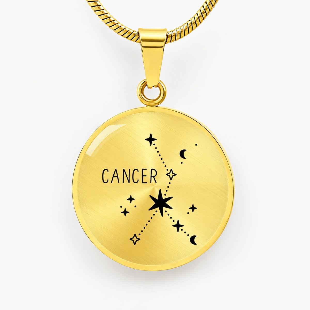 18k Yellow Gold Custom Engraved Cancer Zodiac Star Sign Circle Pendant Necklace