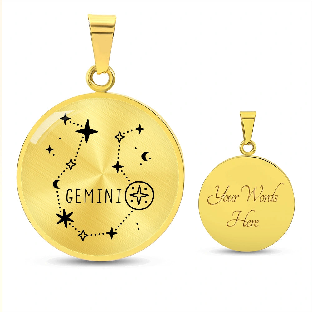 18k Yellow Gold Custom Engraved Gemini Star Sign Circle Pendant Necklace