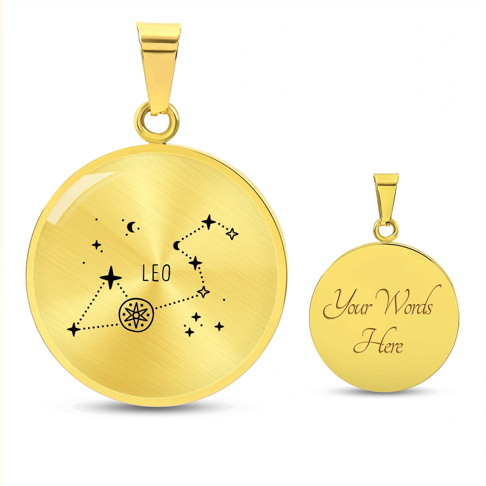 18k Yellow Gold Custom Engraved Leo Zodiac Star Sign Circle Pendant Necklace