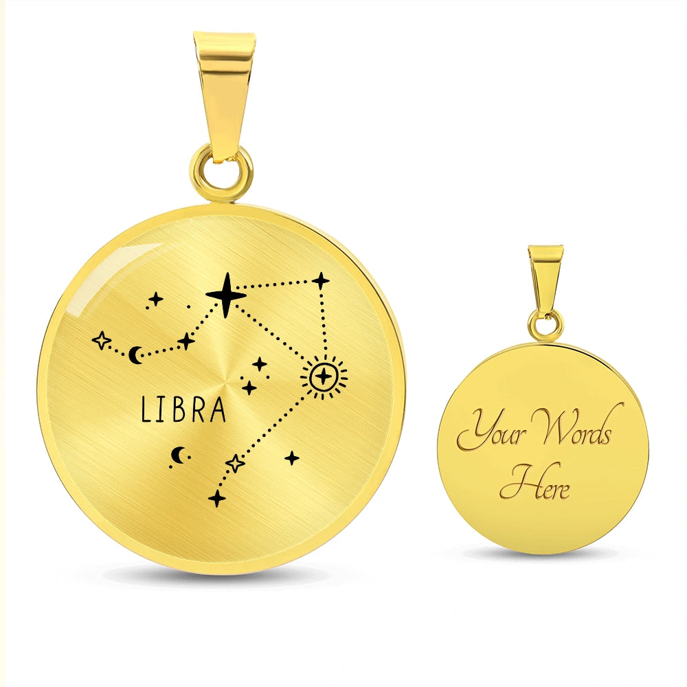 18k Yellow Gold Custom Engraved Libra Zodiac Star Sign Circle Pendant Necklace