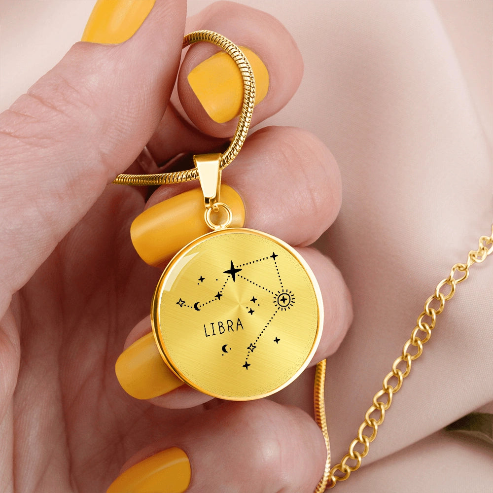 18k Yellow Gold Custom Engraved Libra Zodiac Star Sign Circle Pendant Necklace Showcase