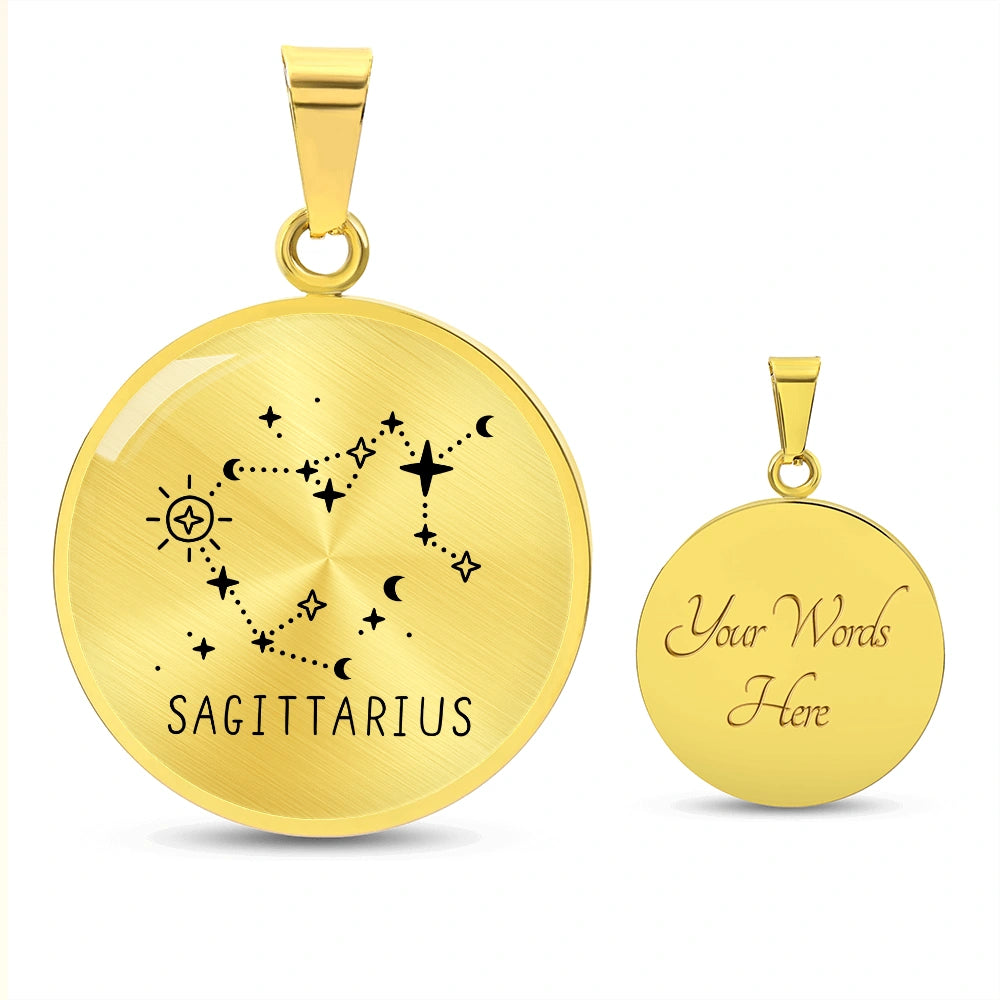 18k Yellow Gold Custom Engraved Sagittarius Zodiac Star Sign Circle Pendant Necklace