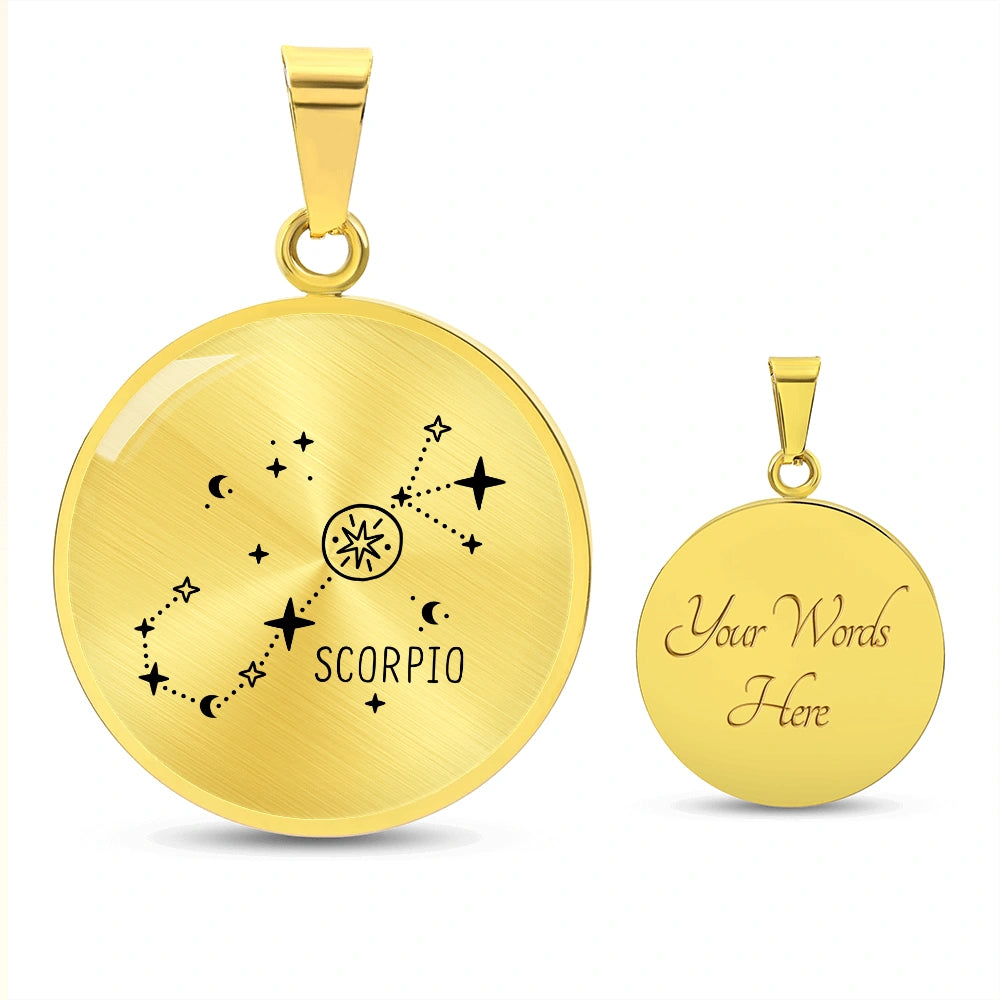 18k Yellow Gold Custom Engraved Scorpio Zodiac Star Sign Circle Pendant Necklace