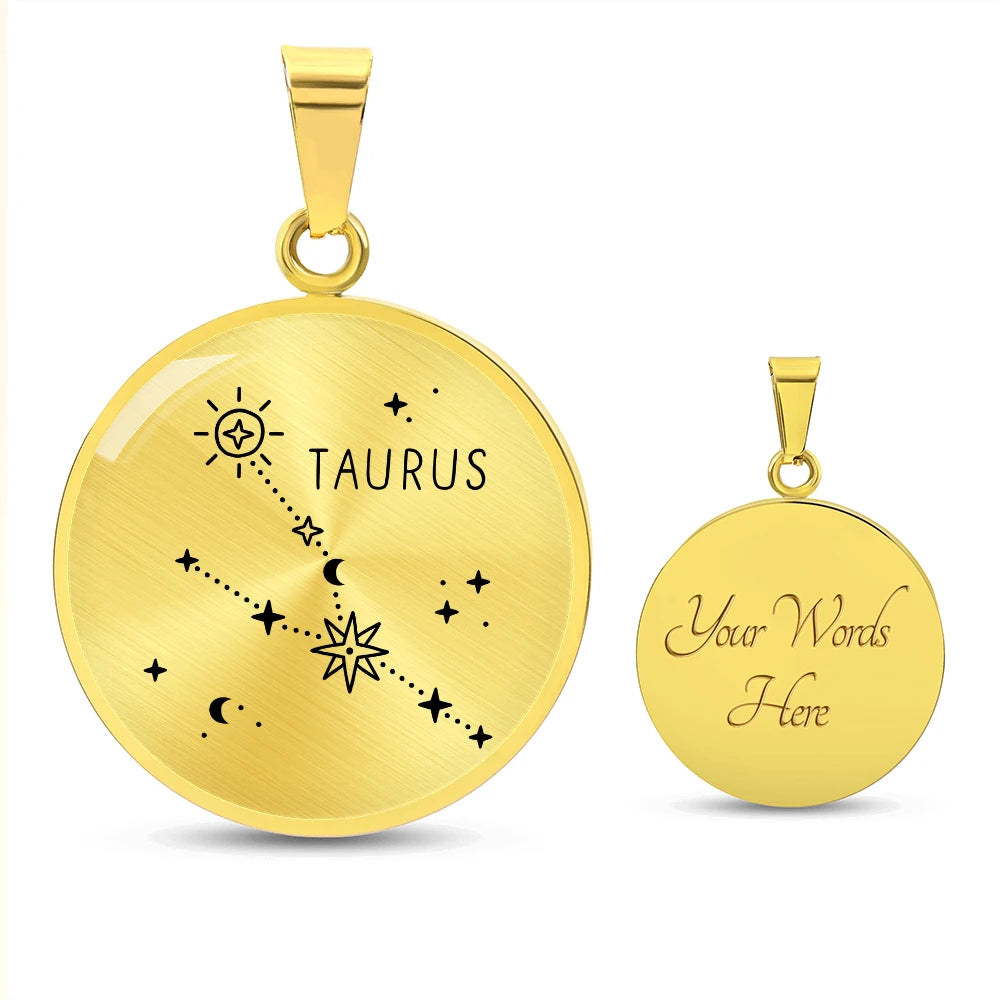 18k Yellow Gold Custom Engraved Taurus Zodiac Star Sign Circle Necklace