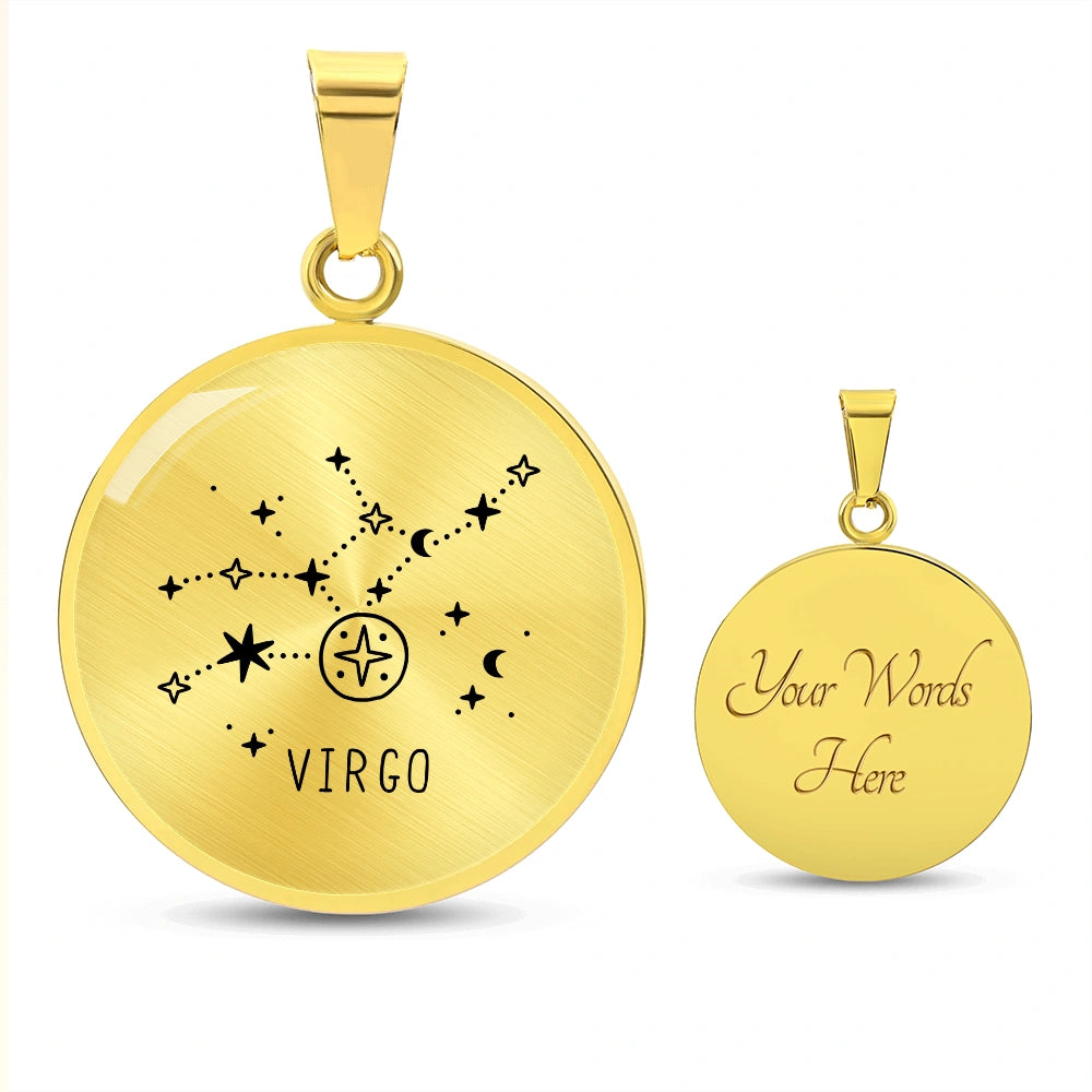 18k Yellow Gold Custom Engraved Virgo Zodiac Star Sign Circle Pendant Necklace