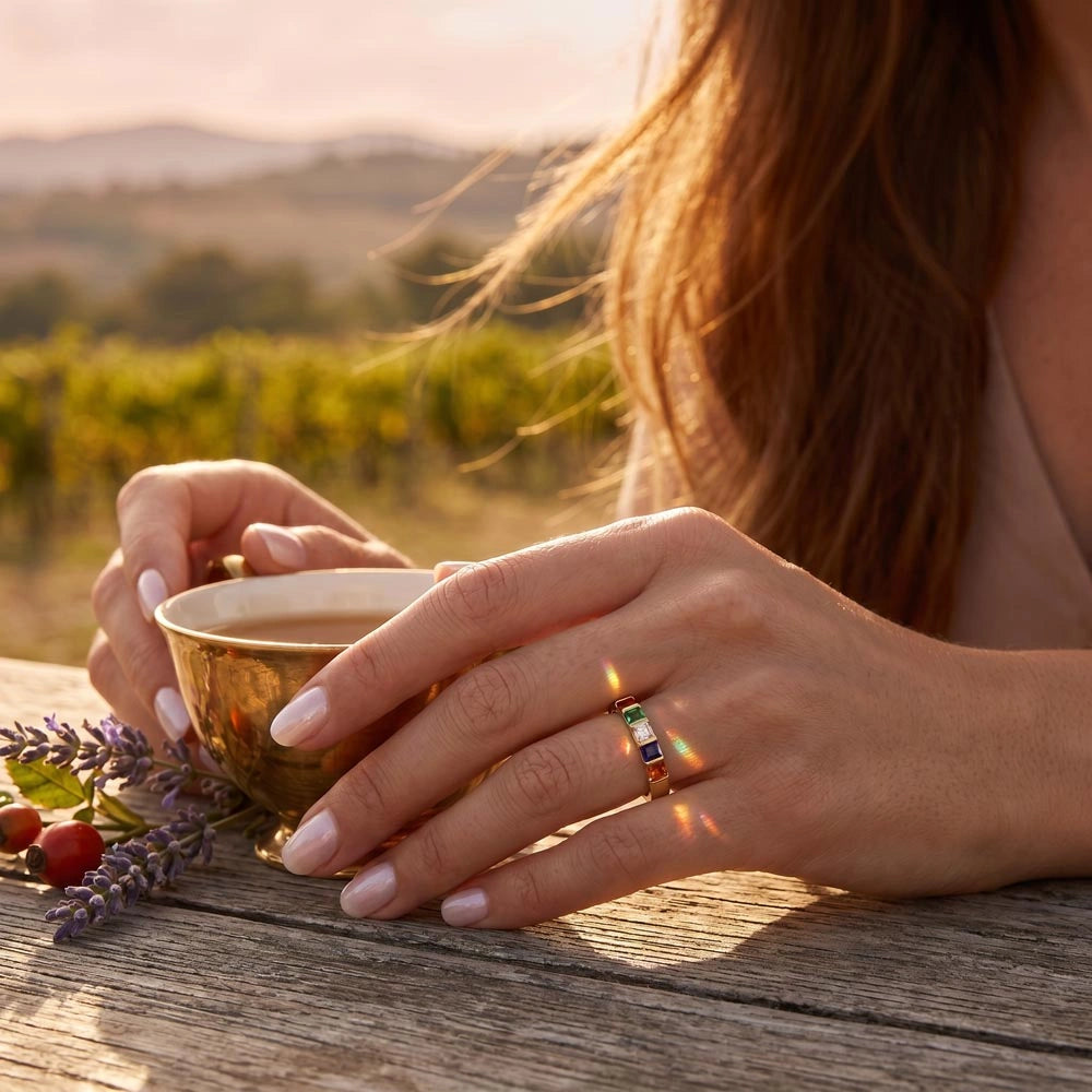 18k Yellow Gold Custom Stackable Birthstone Ring for Wife from Husband Amazing Gift Display