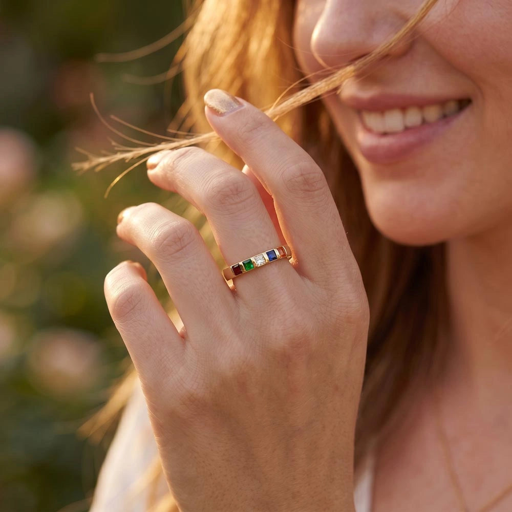 18k Yellow Gold Custom Stackable Birthstone Ring for Wife from Husband Amazing Gift Showcase