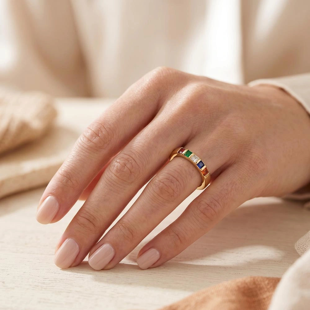 18k Yellow Gold Custom Stackable Birthstone Ring for Wife from Husband Amazing Gift Showcase On Finger