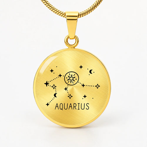 18k Yellow Gold Engraved Aquarius Zodiac Star Sign Circle Pendant Necklace