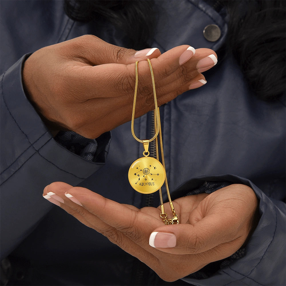 18k Yellow Gold Engraved Aquarius Zodiac Star Sign Circle Pendant Necklace Showcase In Hand