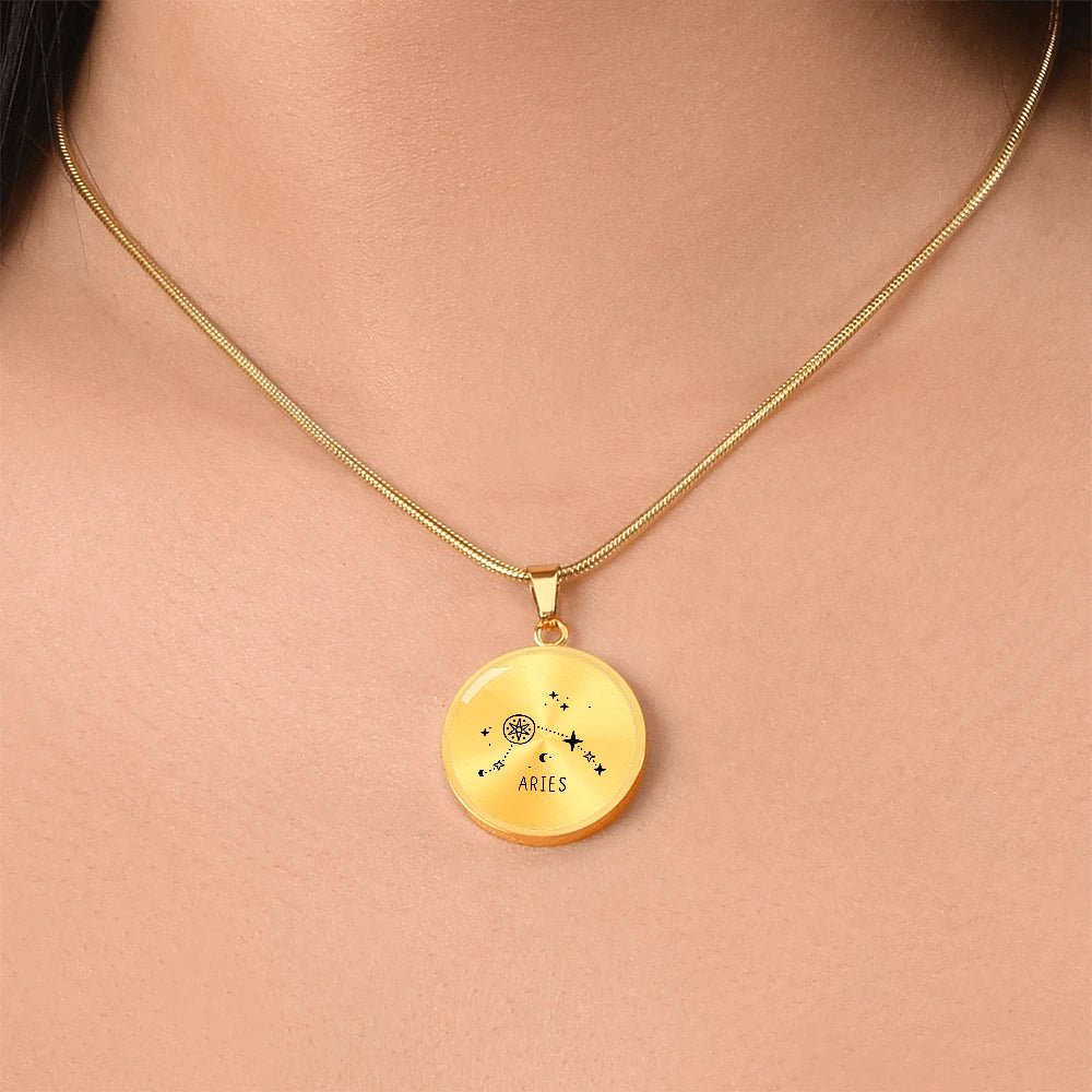 18k Yellow Gold Engraved Aries Zodiac Star Sign Circle Necklace Showcase On Neck
