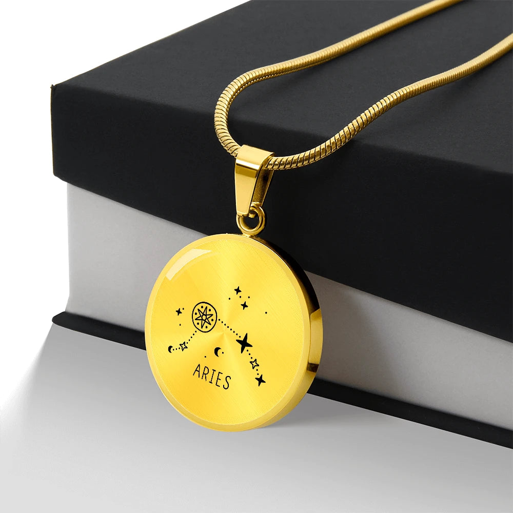 18k Yellow Gold Engraved Aries Zodiac Star Sign Circle Necklace Standard Box