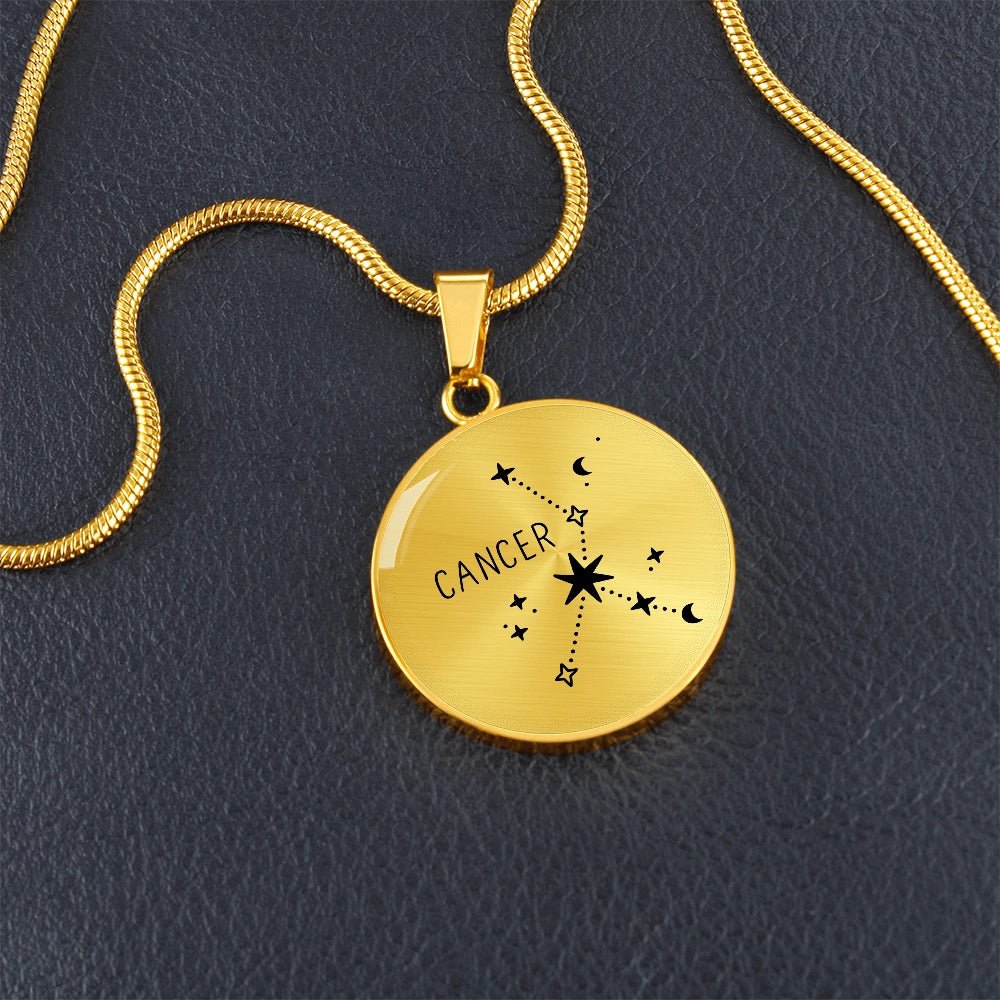 18k Yellow Gold Engraved Cancer Zodiac Star Sign Circle Pendant Necklace Showcase
