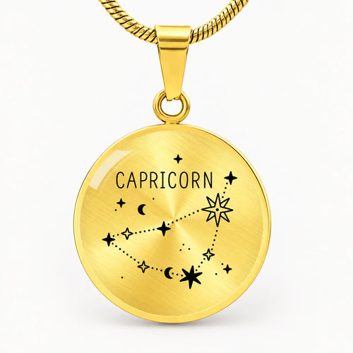 18k Yellow Gold Engraved Capricorn Zodiac Star Sign Circle Pendant Necklace