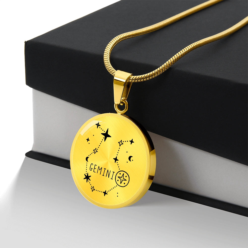 18k Yellow Gold Engraved Gemini Star Sign Circle Pendant Necklace Showcase