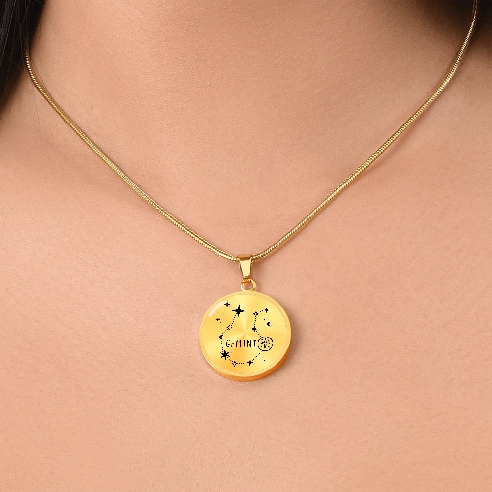 18k Yellow Gold Engraved Gemini Star Sign Circle Pendant Necklace Showcase On Neck