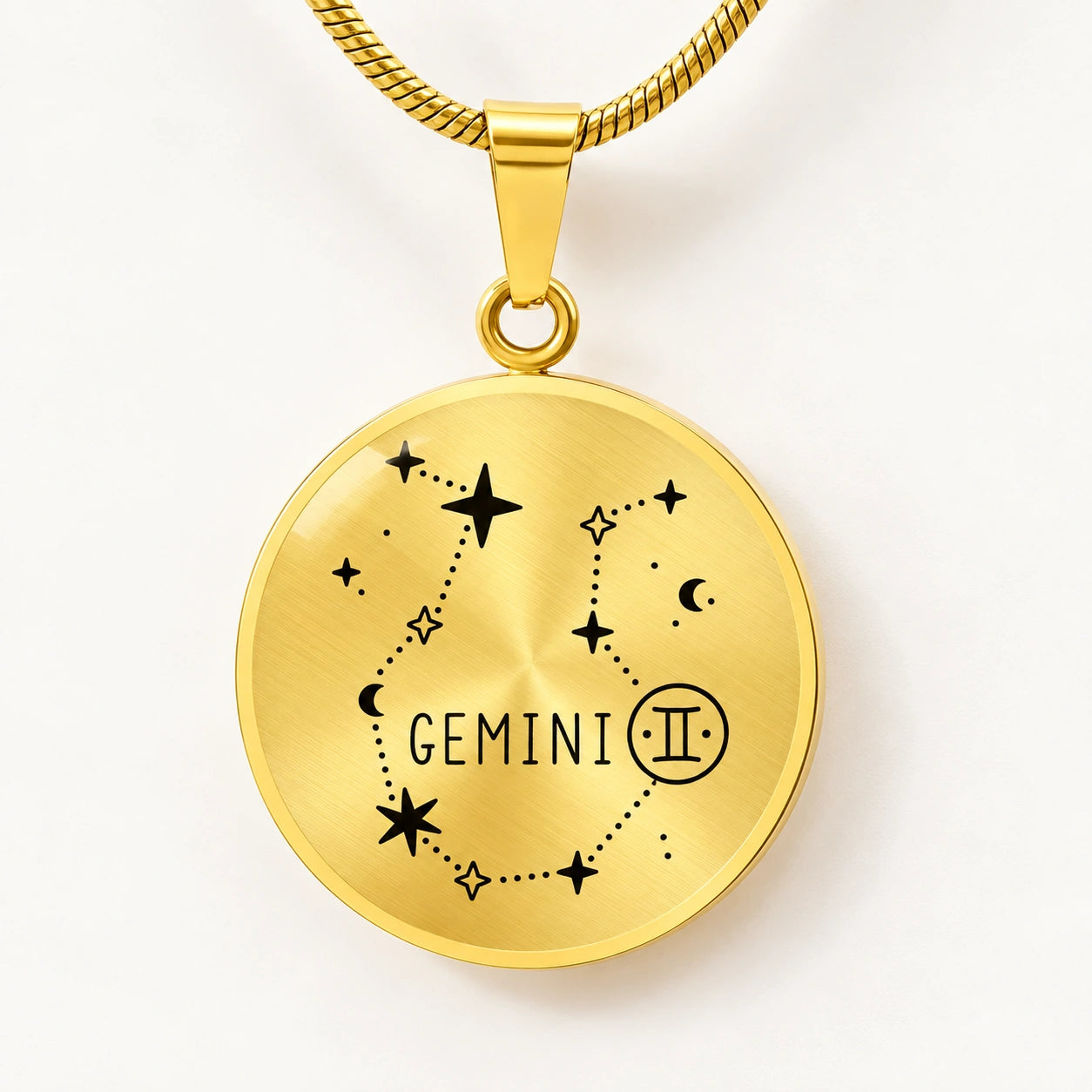 18k Yellow Gold Engraved Gemini Star Sign Circle Pendant Necklace 