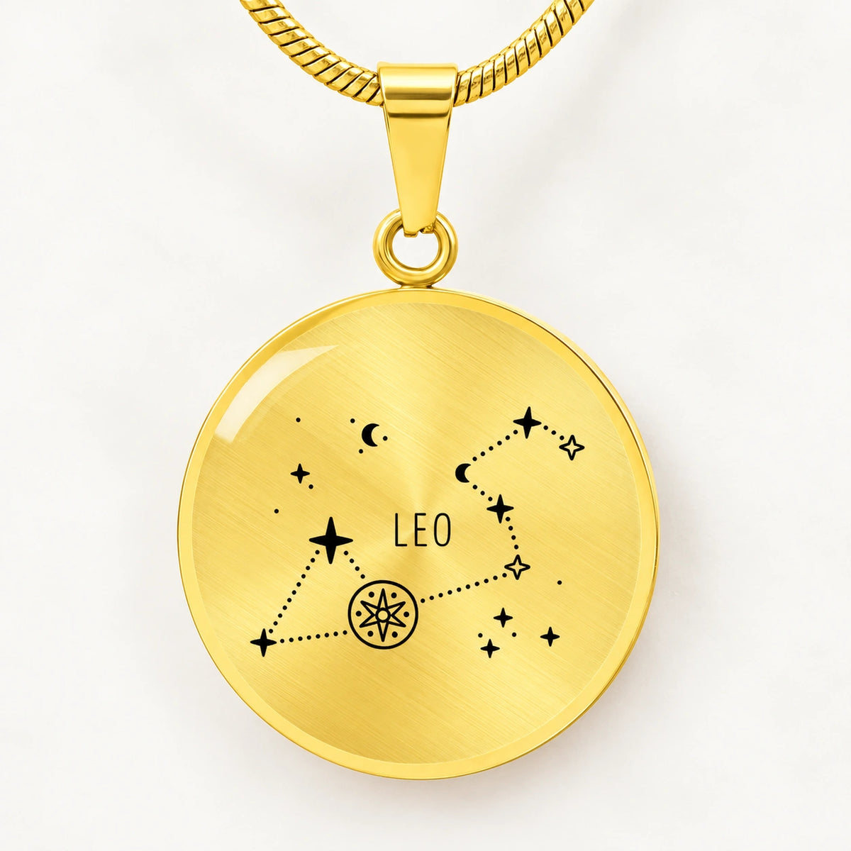18k Yellow Gold Engraved Leo Zodiac Star Sign Circle Pendant Necklace