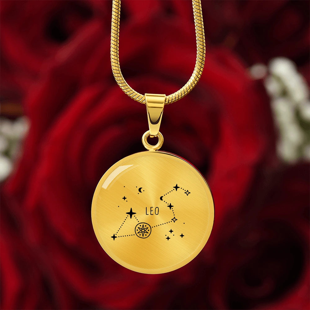 18k Yellow Gold Engraved Leo Zodiac Star Sign Circle Pendant Necklace Showcase
