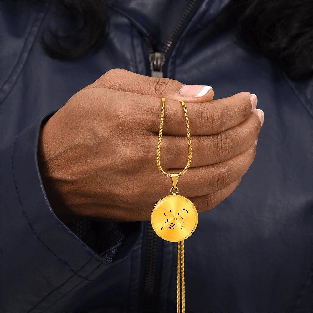 18k Yellow Gold Engraved Leo Zodiac Star Sign Circle Pendant Necklace Showcase In Hand